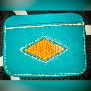 Handmade Teal Leather Minimal Wallet with Lizard Skin Inlay